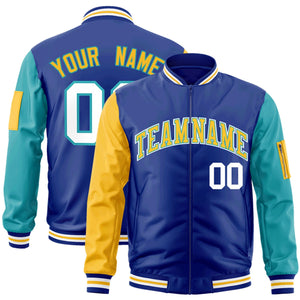 Custom Royal Gold-Aqua Varsity Full-Zip Raglan Sleeves Letterman Bomber Jacket