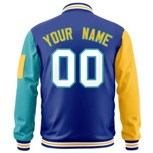 Custom Royal Gold-Aqua Varsity Full-Zip Raglan Sleeves Letterman Bomber Jacket