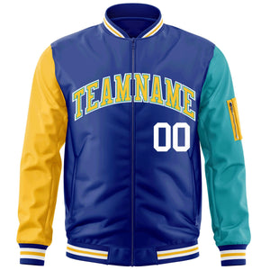 Custom Royal Gold-Aqua Varsity Full-Zip Raglan Sleeves Letterman Bomber Jacket