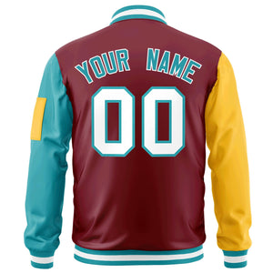 Custom Crimson Gold-Aqua Varsity Full-Zip Raglan Sleeves Letterman Bomber Jacket