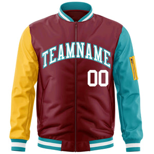 Custom Crimson Gold-Aqua Varsity Full-Zip Raglan Sleeves Letterman Bomber Jacket