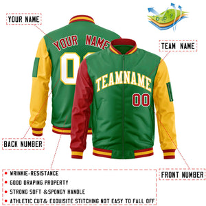 Custom Kelly Green Red-Gold Varsity Full-Zip Raglan Sleeves Letterman Bomber Jacket