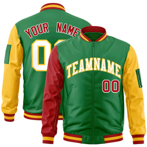 Custom Kelly Green Red-Gold Varsity Full-Zip Raglan Sleeves Letterman Bomber Jacket