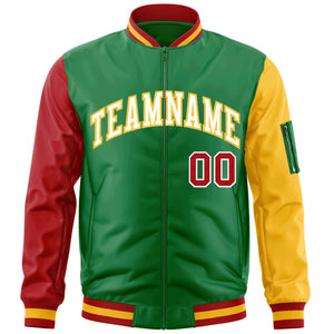 Custom Kelly Green Red-Gold Varsity Full-Zip Raglan Sleeves Letterman Bomber Jacket