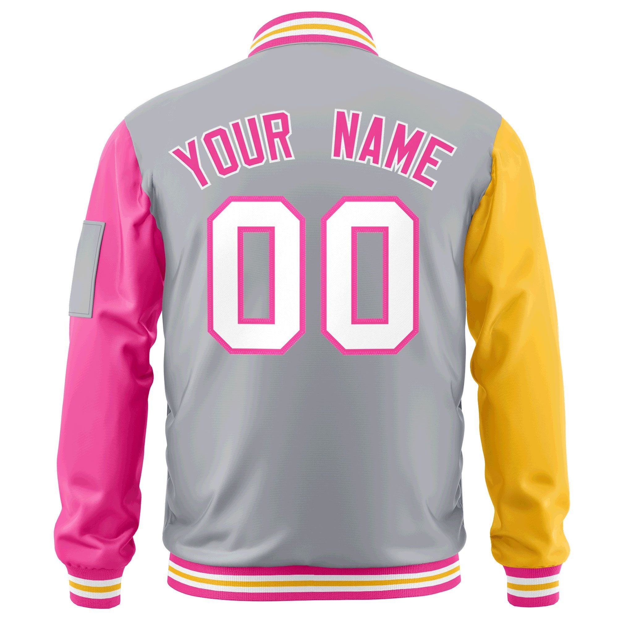 Custom Gray Gold-Pink Varsity Full-Zip Raglan Sleeves Letterman Bomber Jacket