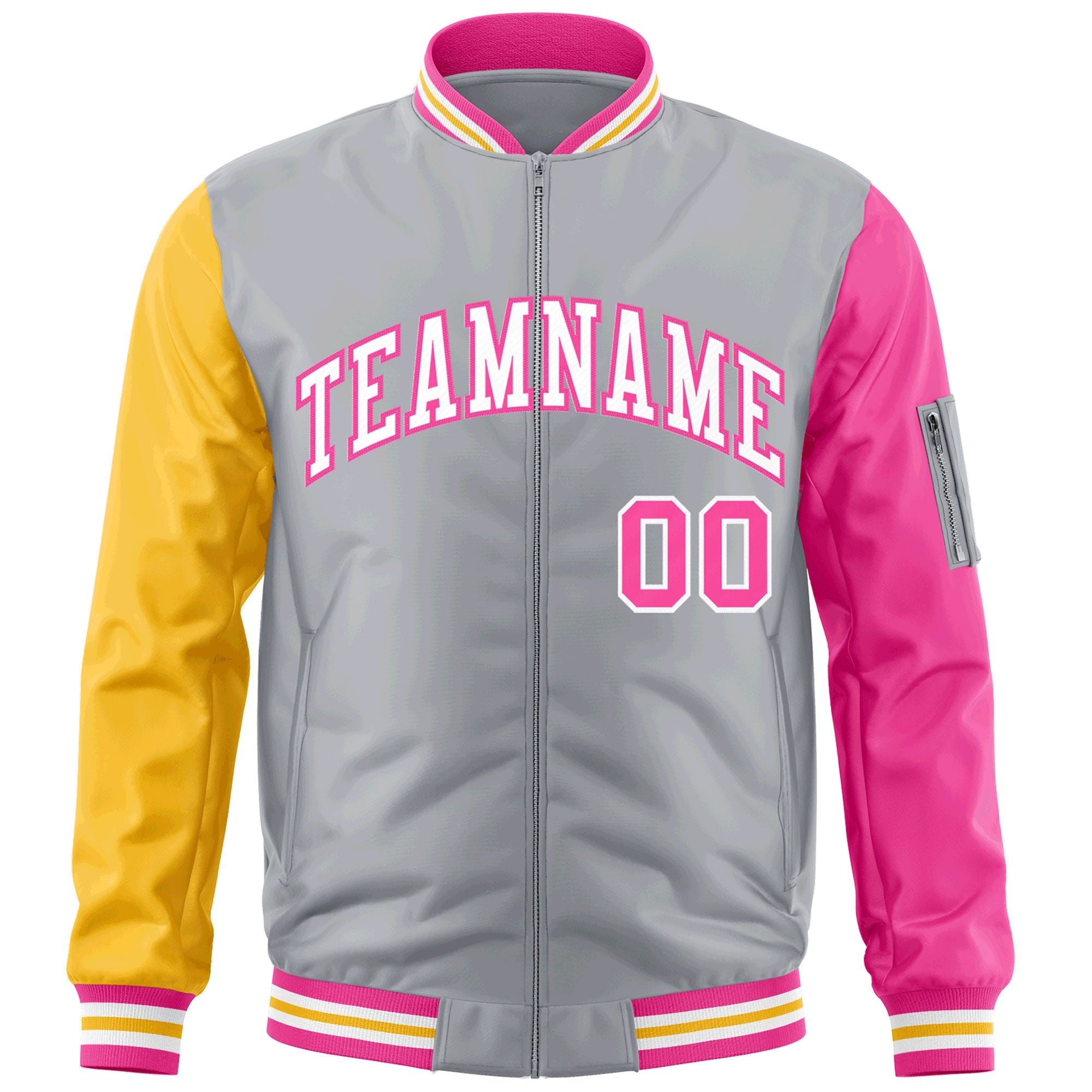 Custom Gray Gold-Pink Varsity Full-Zip Raglan Sleeves Letterman Bomber Jacket