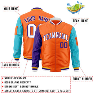 Custom Orange Purple-Aqua Varsity Full-Zip Raglan Sleeves Letterman Bomber Jacket