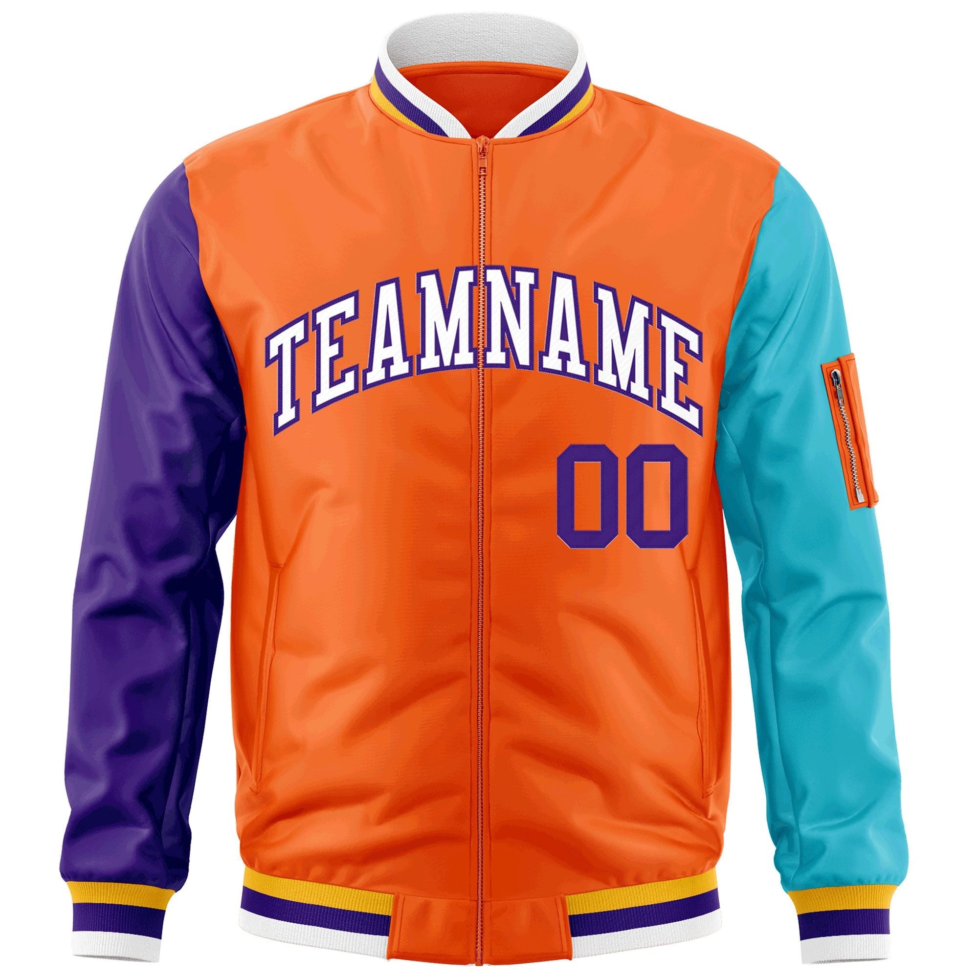 Custom Orange Purple-Aqua Varsity Full-Zip Raglan Sleeves Letterman Bomber Jacket