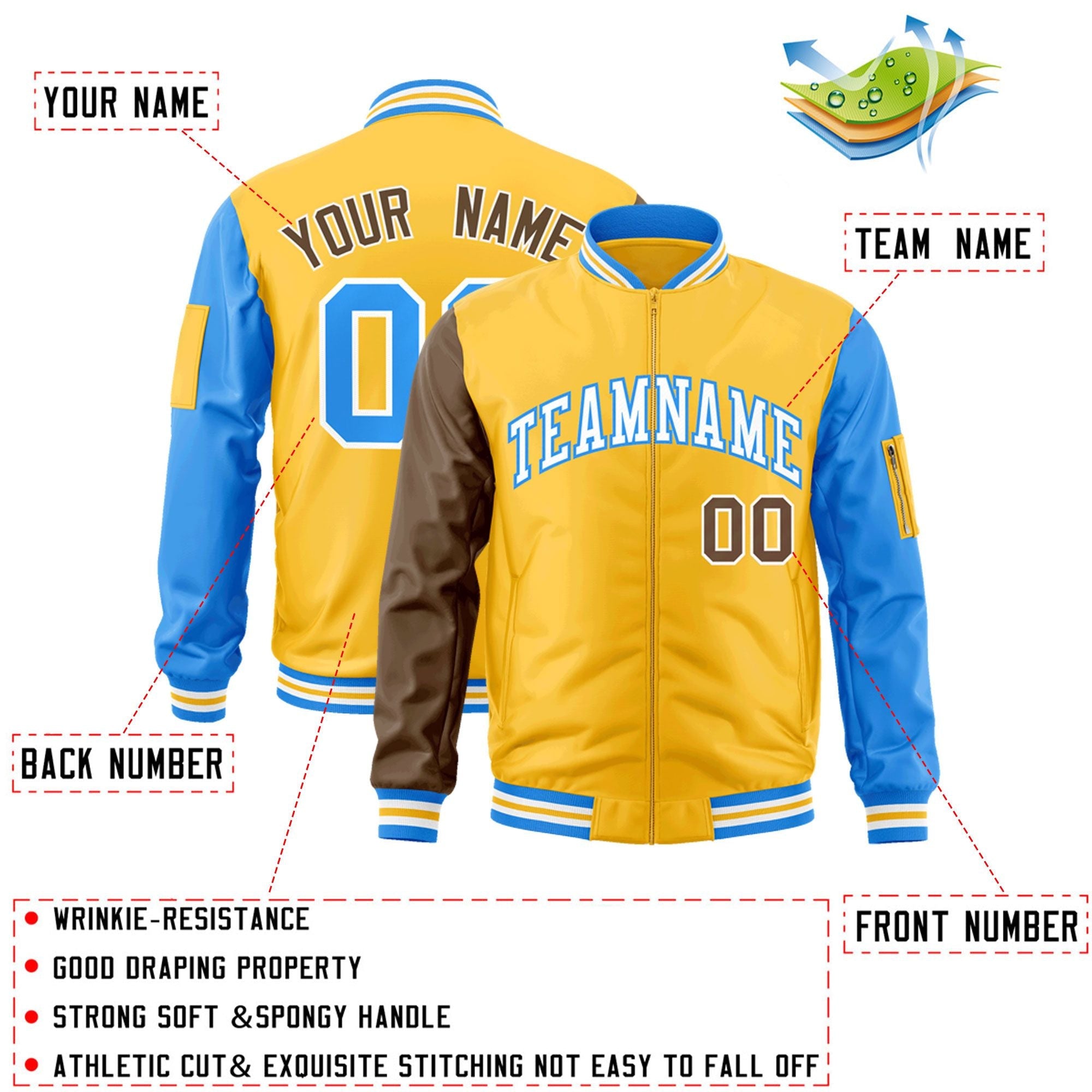 Custom Gold Brown-Powder Blue Varsity Full-Zip Raglan Sleeves Letterman Bomber Jacket