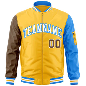 Custom Gold Brown-Powder Blue Varsity Full-Zip Raglan Sleeves Letterman Bomber Jacket