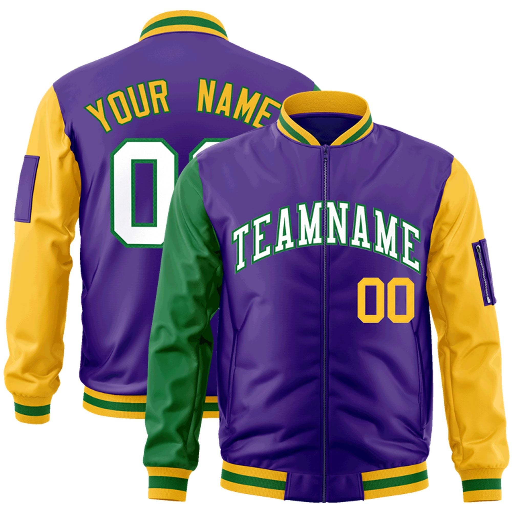 Custom Purple Kelly Green-Gold Varsity Full-Zip Raglan Sleeves Letterman Bomber Jacket