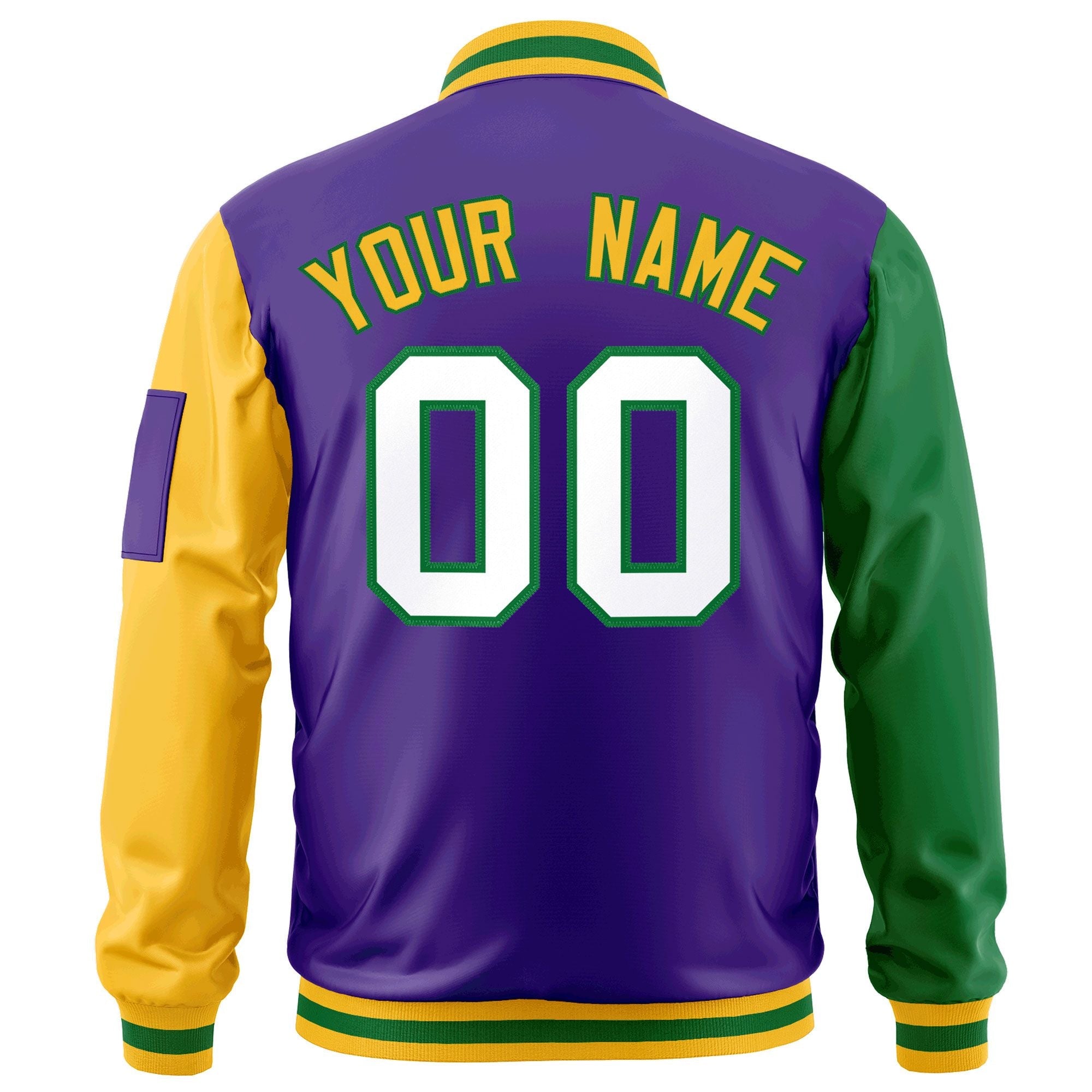 Custom Purple Kelly Green-Gold Varsity Full-Zip Raglan Sleeves Letterman Bomber Jacket