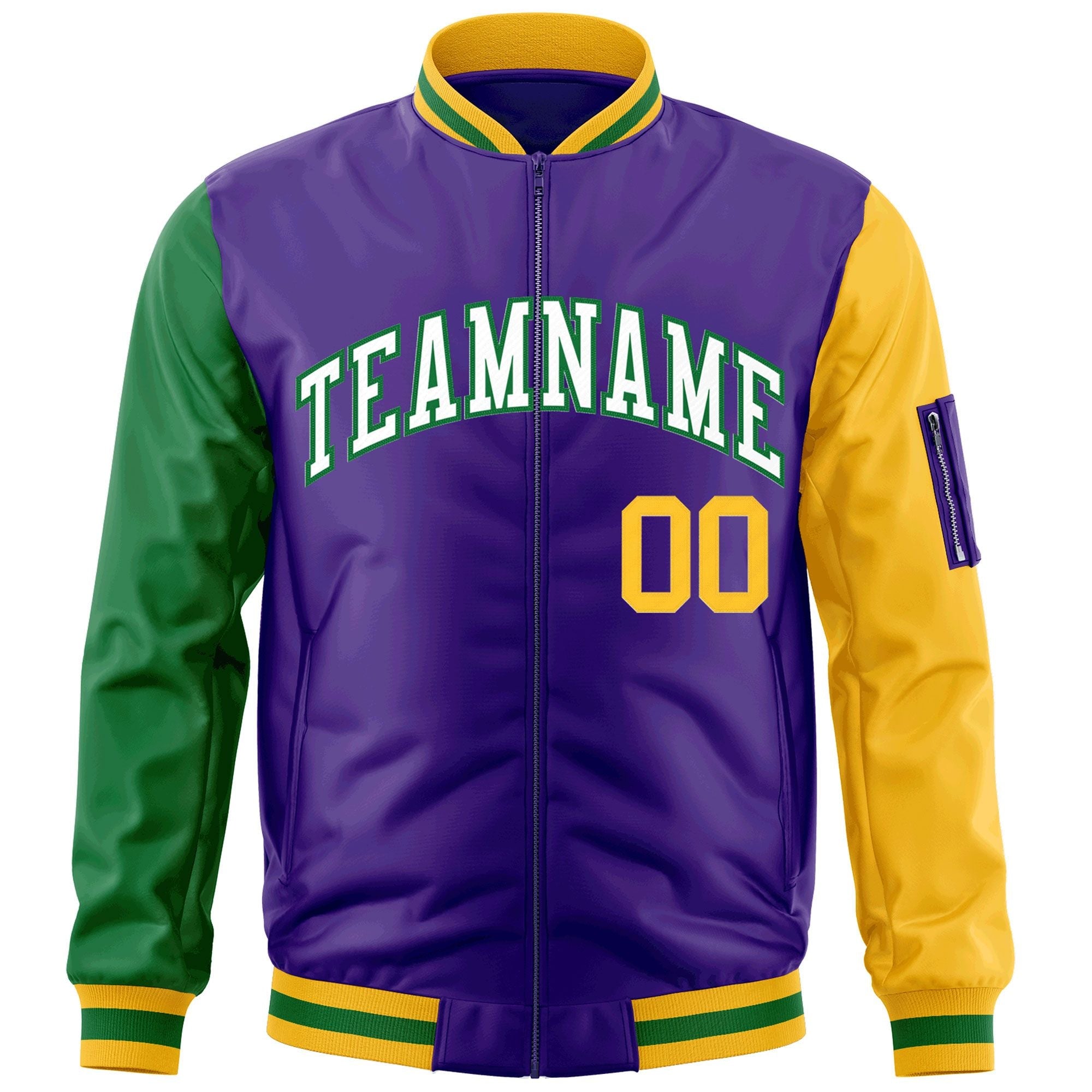 Custom Purple Kelly Green-Gold Varsity Full-Zip Raglan Sleeves Letterman Bomber Jacket