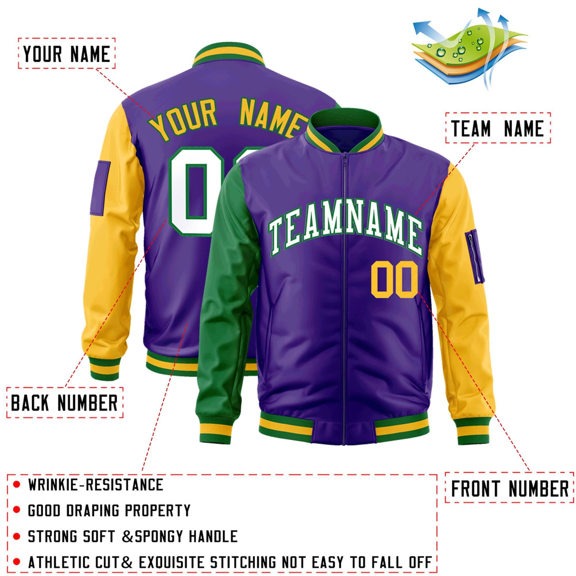 Custom Purple Kelly Green-Gold Varsity Full-Zip Raglan Sleeves Letterman Bomber Jacket