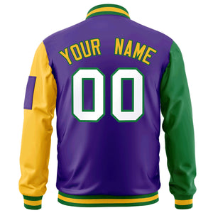 Custom Purple Kelly Green-Gold Varsity Full-Zip Raglan Sleeves Letterman Bomber Jacket