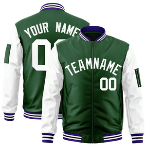 Custom Green-White Varsity Full-Zip Raglan Sleeves Letterman Bomber Jacket