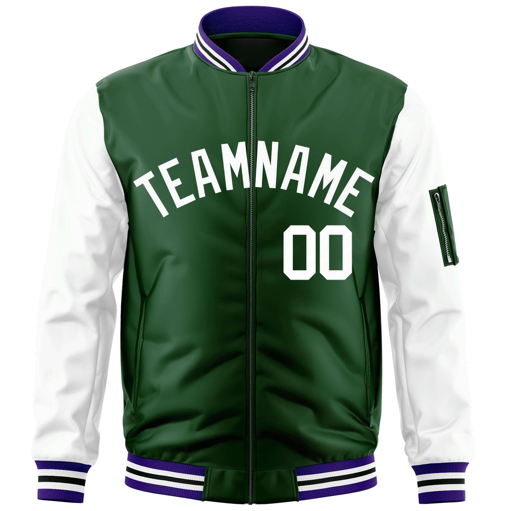 Custom Green-White Varsity Full-Zip Raglan Sleeves Letterman Bomber Jacket