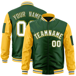 Custom Green White-Gold Varsity Full-Zip Raglan Sleeves Letterman Bomber Jacket