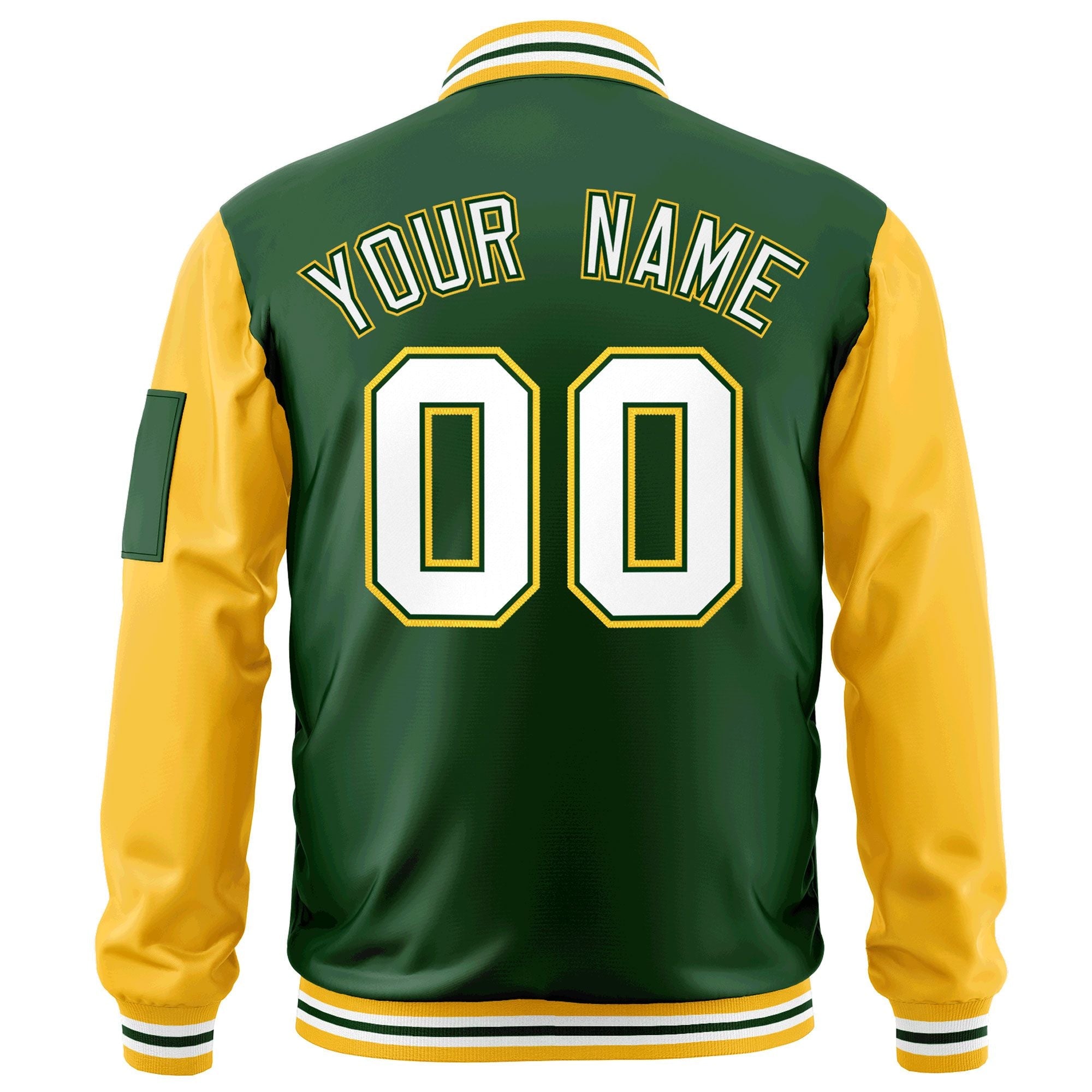 Custom Green White-Gold Varsity Full-Zip Raglan Sleeves Letterman Bomber Jacket