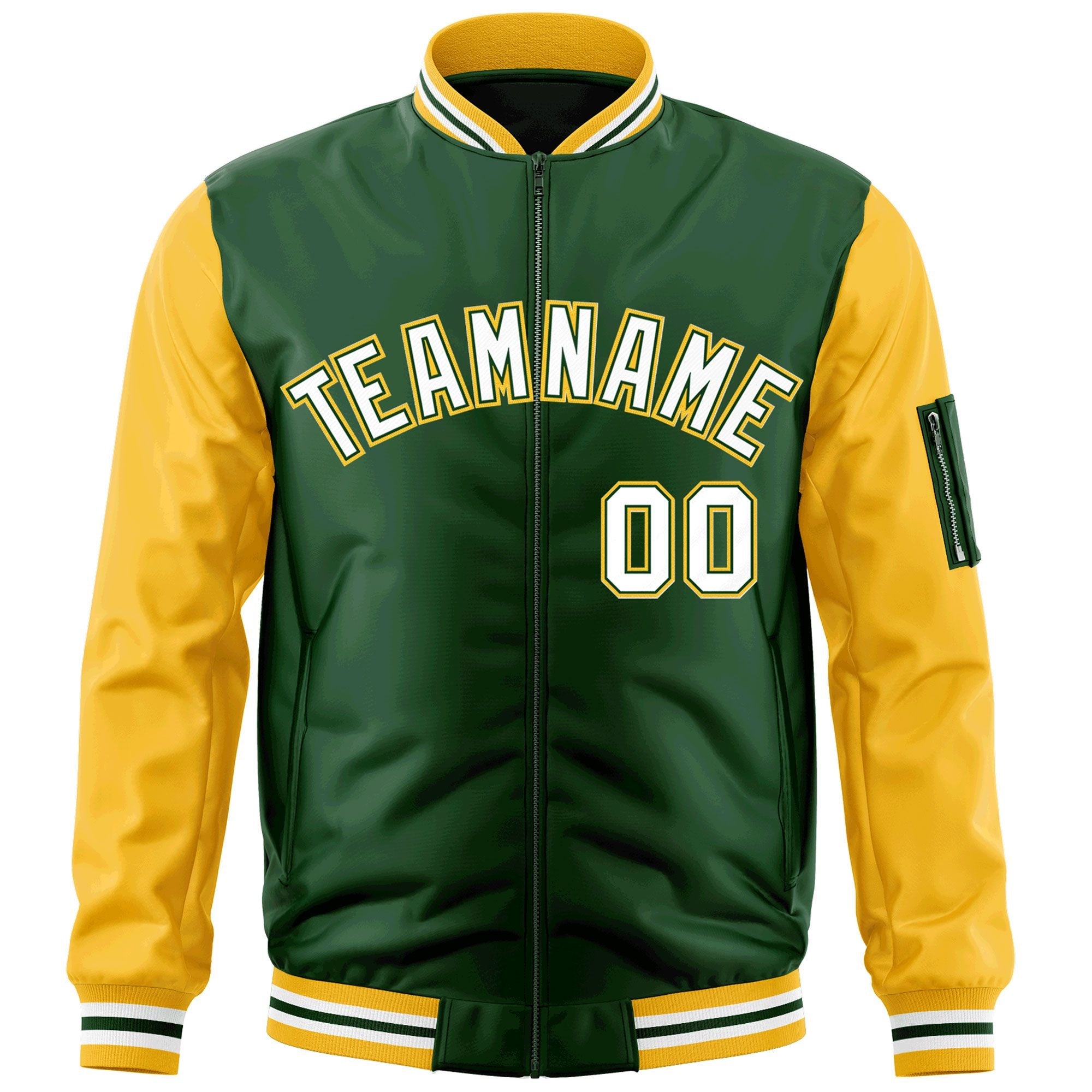 Custom Green White-Gold Varsity Full-Zip Raglan Sleeves Letterman Bomber Jacket