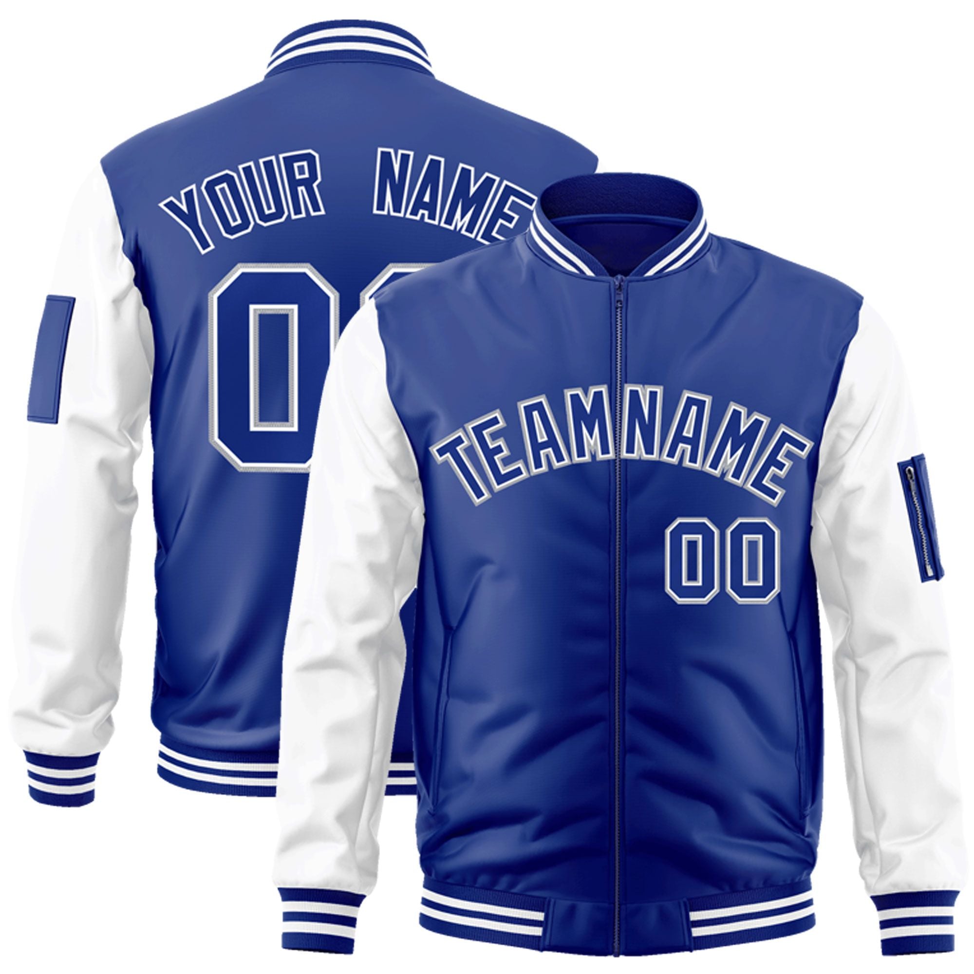 Custom Royal White-Gray Varsity Full-Zip Raglan Sleeves Letterman Bomber Jacket