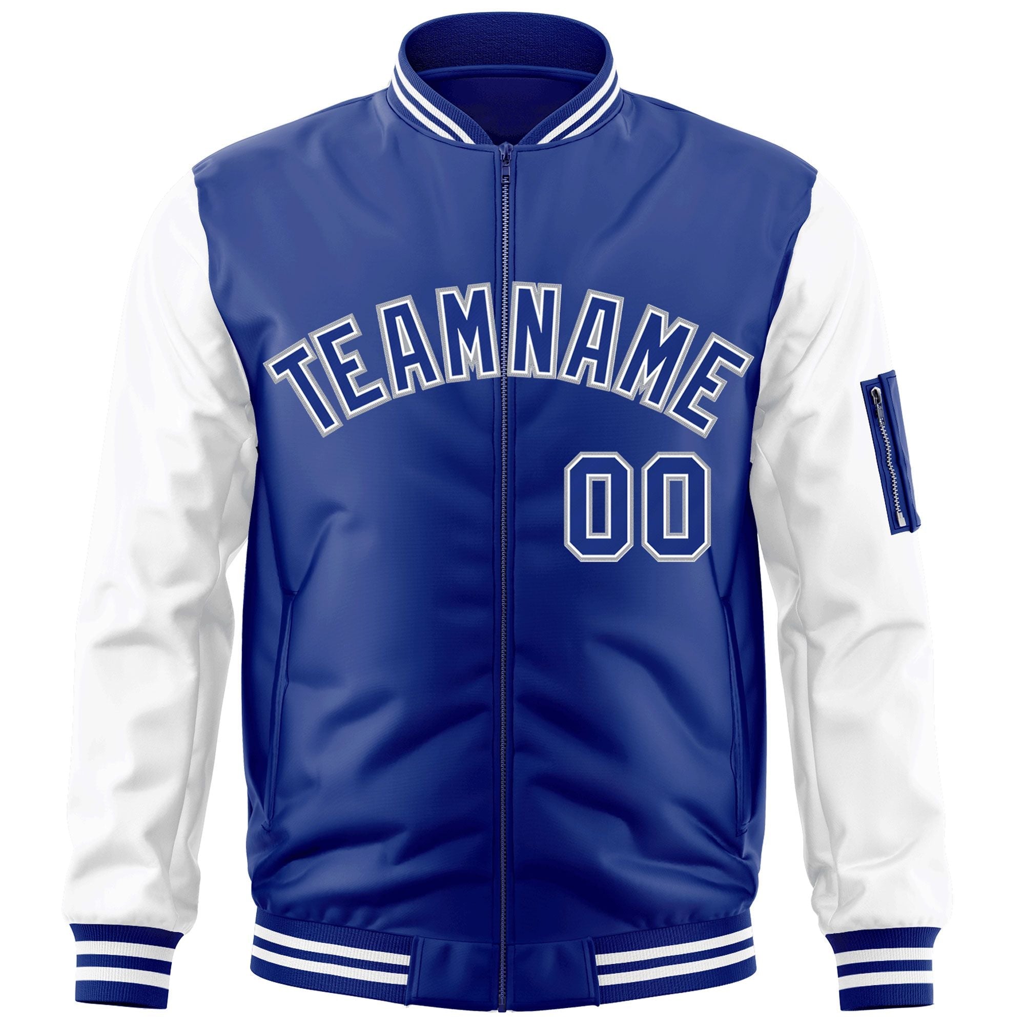 Custom Royal White-Gray Varsity Full-Zip Raglan Sleeves Letterman Bomber Jacket