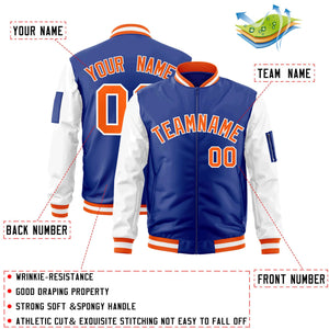 Custom Royal Orange-White Varsity Full-Zip Raglan Sleeves Letterman Bomber Jacket