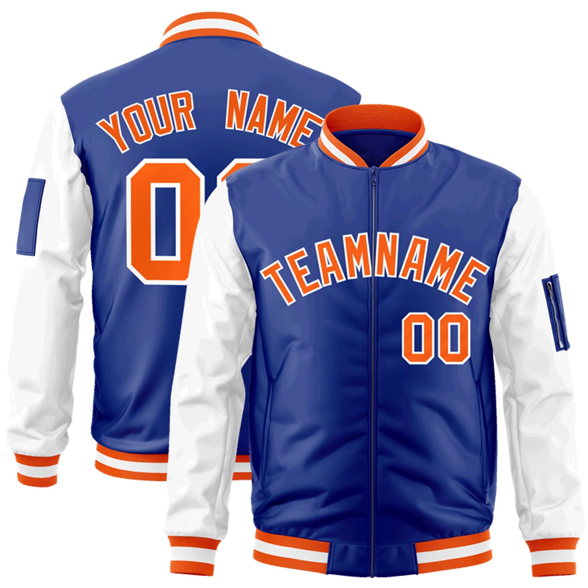 Custom Royal Orange-White Varsity Full-Zip Raglan Sleeves Letterman Bomber Jacket