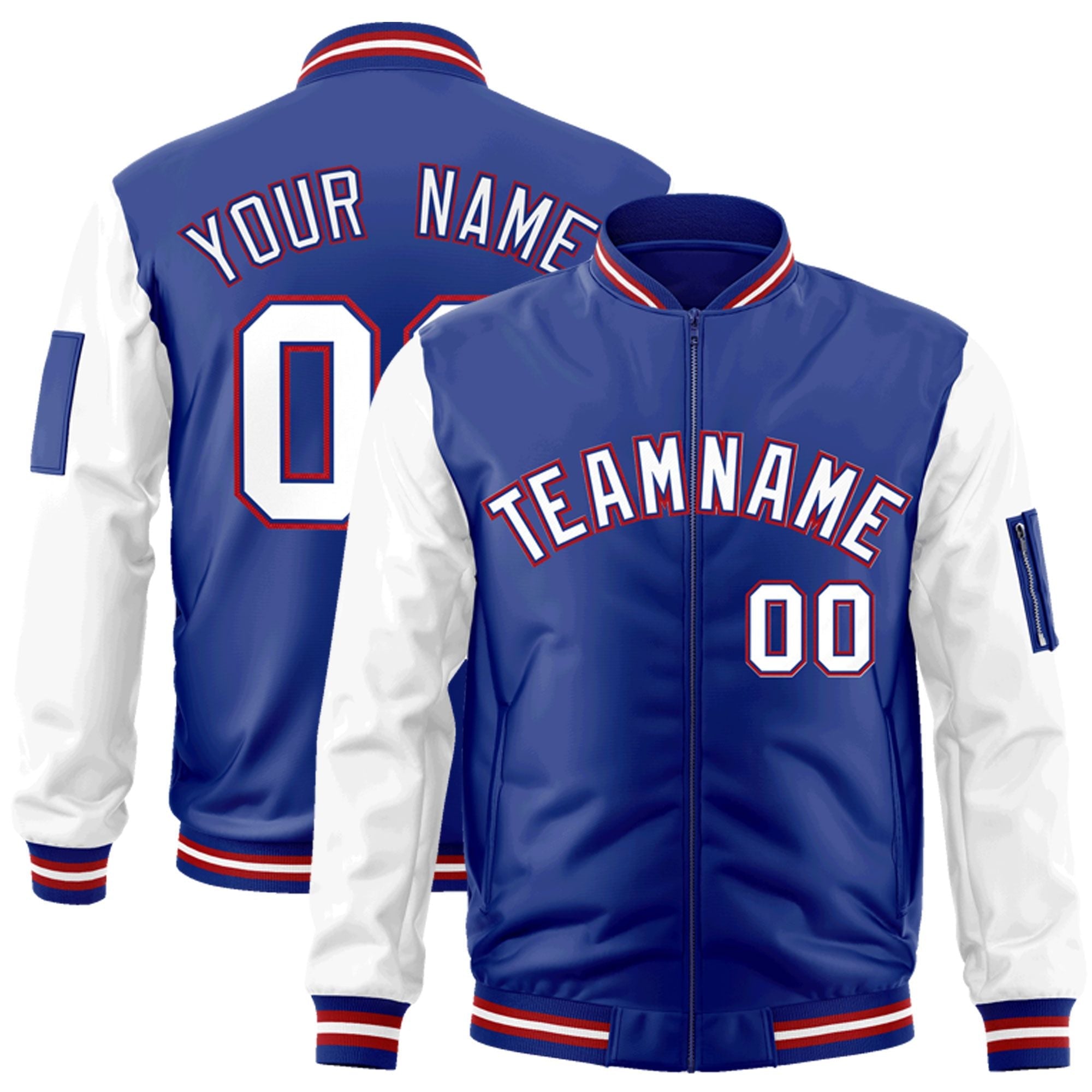 Custom Royal White-Red Varsity Full-Zip Raglan Sleeves Letterman Bomber Jacket