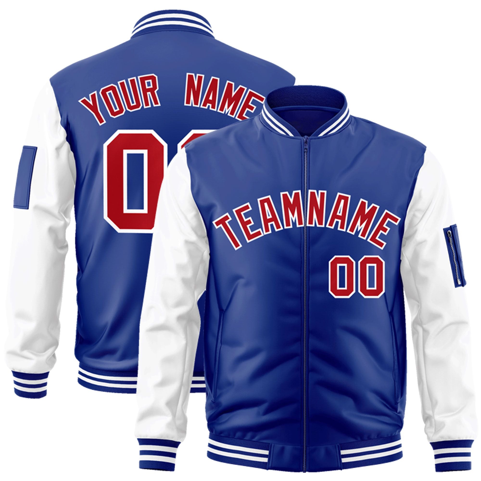 Custom Royal Red-White Varsity Full-Zip Raglan Sleeves Letterman Bomber Jacket