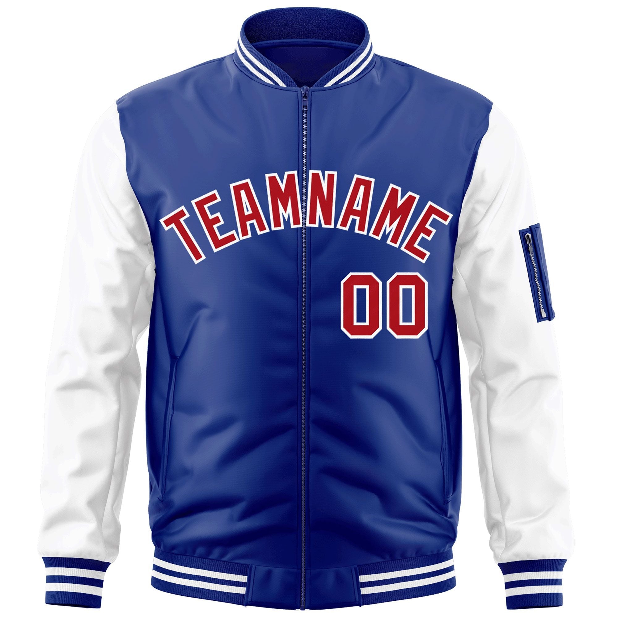 Custom Royal Red-White Varsity Full-Zip Raglan Sleeves Letterman Bomber Jacket