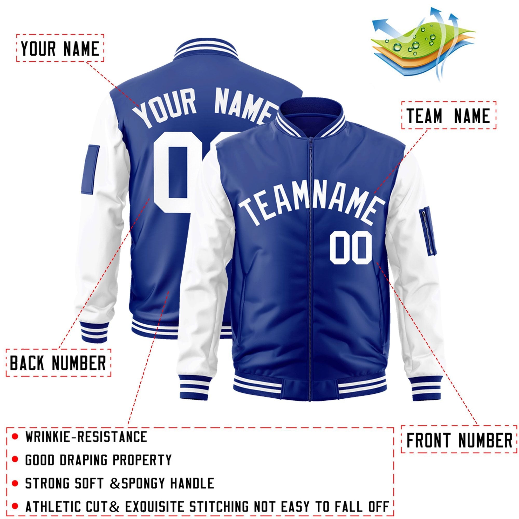 Custom Royal White Varsity Full-Zip Raglan Sleeves Letterman Bomber Jacket