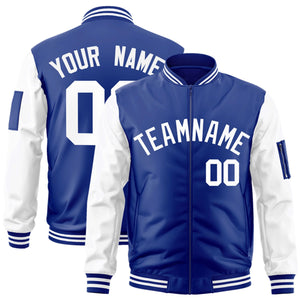 Custom Royal White Varsity Full-Zip Raglan Sleeves Letterman Bomber Jacket