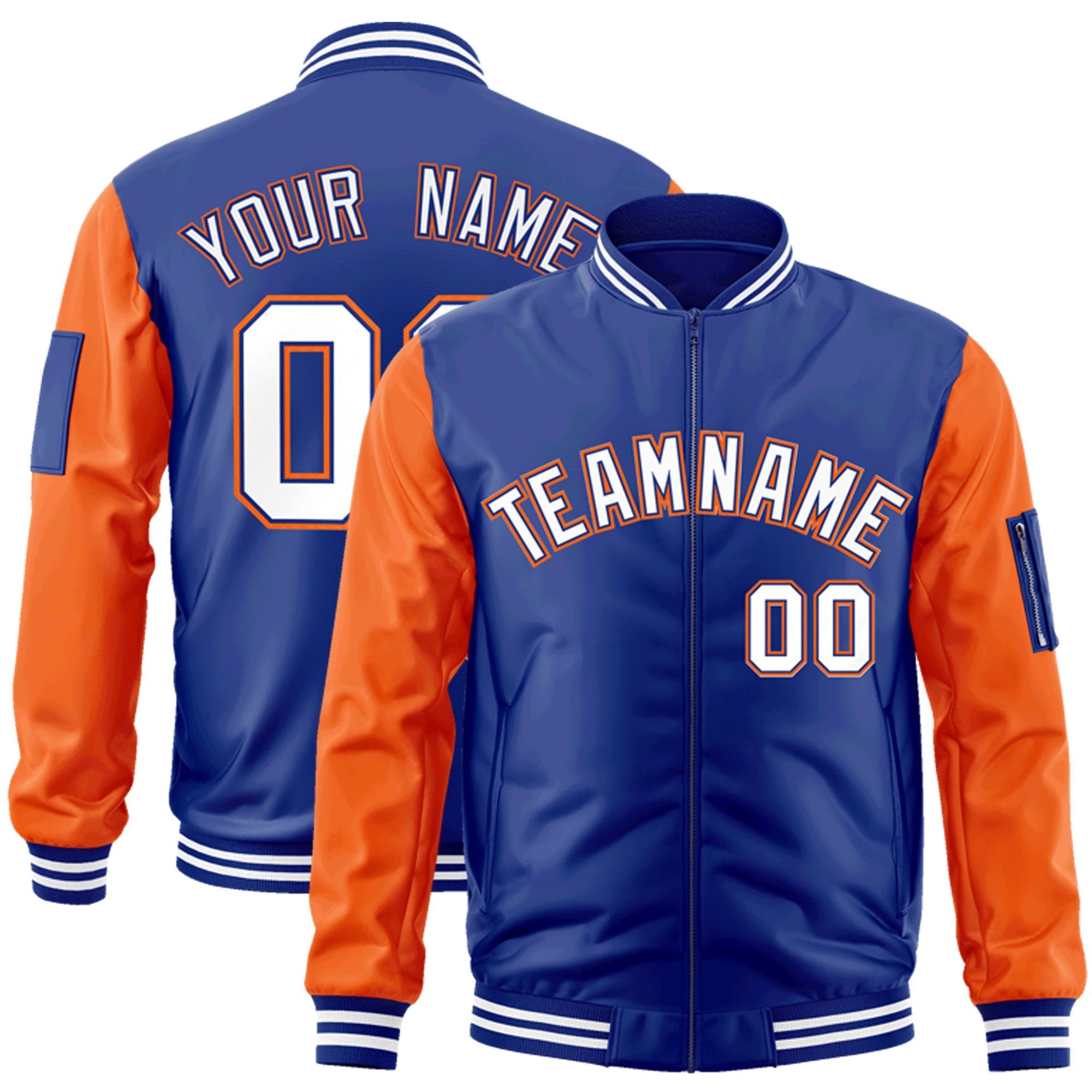 Custom Royal White-Orange Varsity Full-Zip Raglan Sleeves Letterman Bomber Jacket