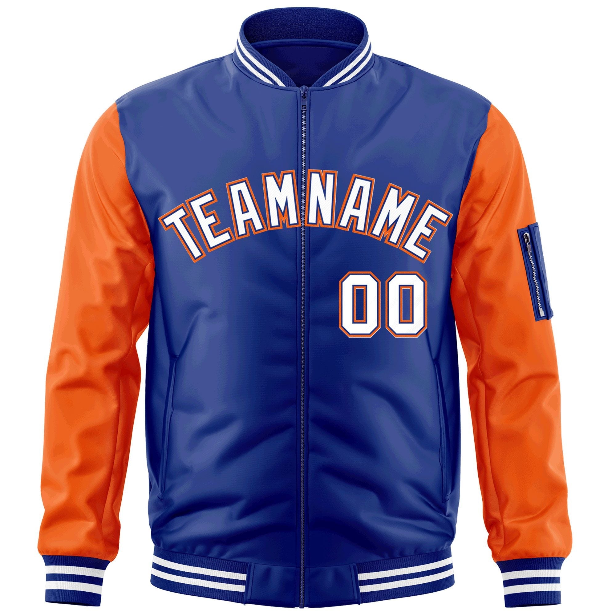 Custom Royal White-Orange Varsity Full-Zip Raglan Sleeves Letterman Bomber Jacket