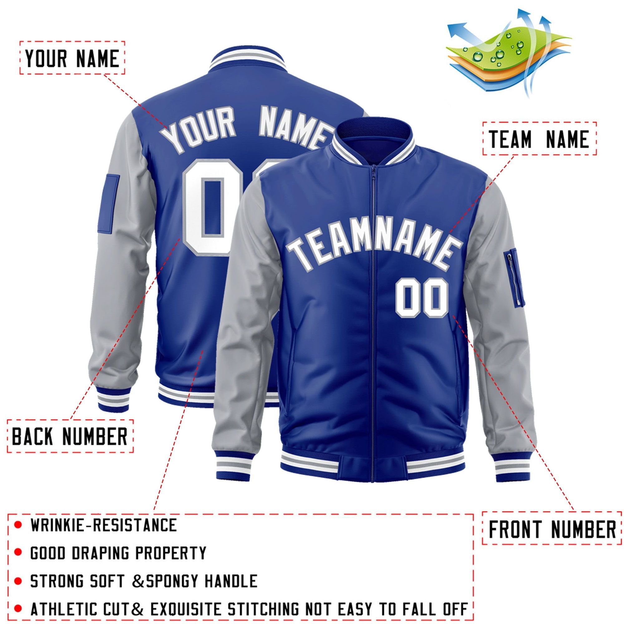 Custom Royal White-Gray Varsity Full-Zip Raglan Sleeves Letterman Bomber Jacket