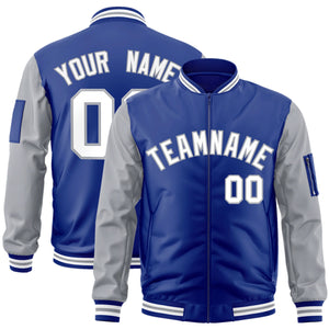 Custom Royal White-Gray Varsity Full-Zip Raglan Sleeves Letterman Bomber Jacket