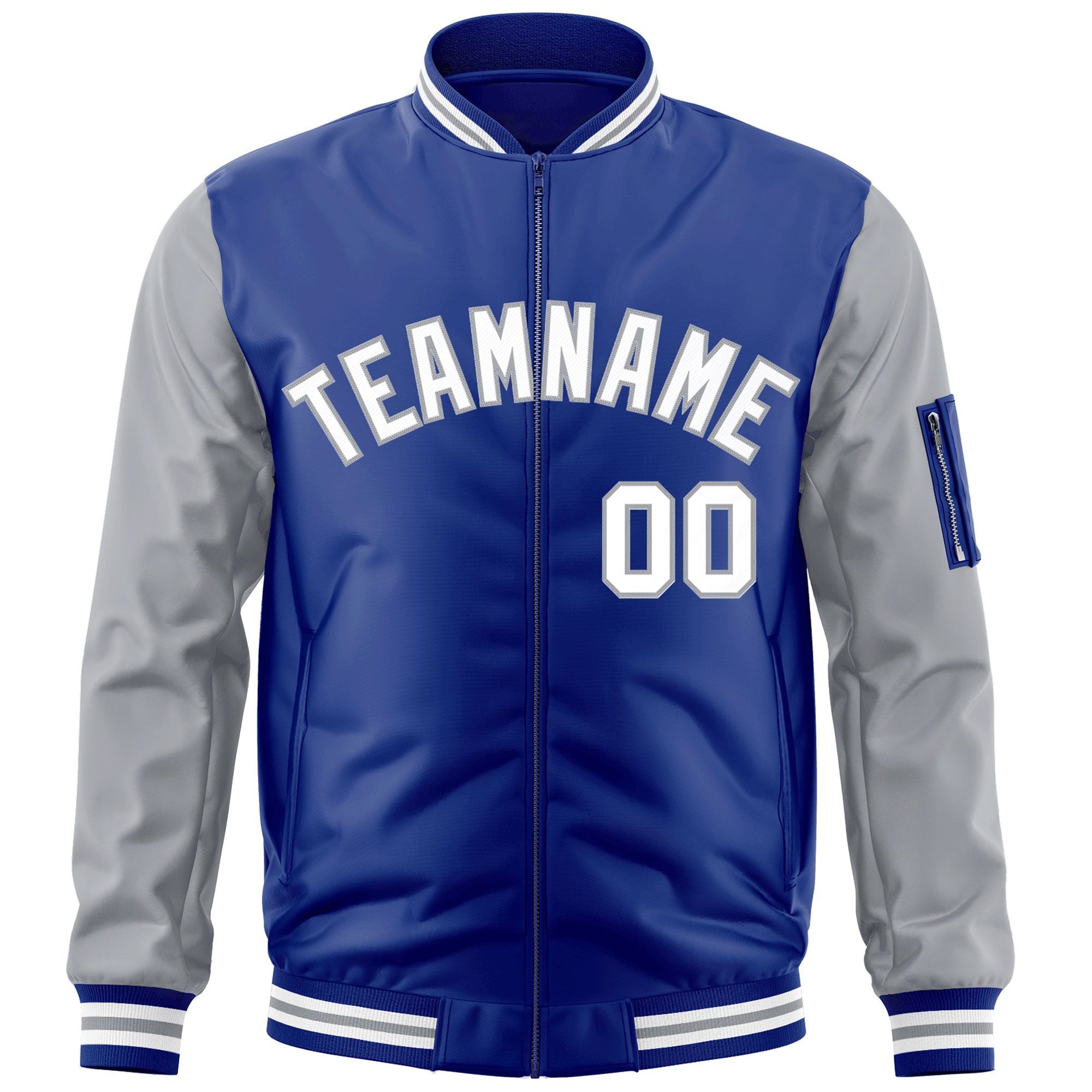 Custom Royal White-Gray Varsity Full-Zip Raglan Sleeves Letterman Bomber Jacket