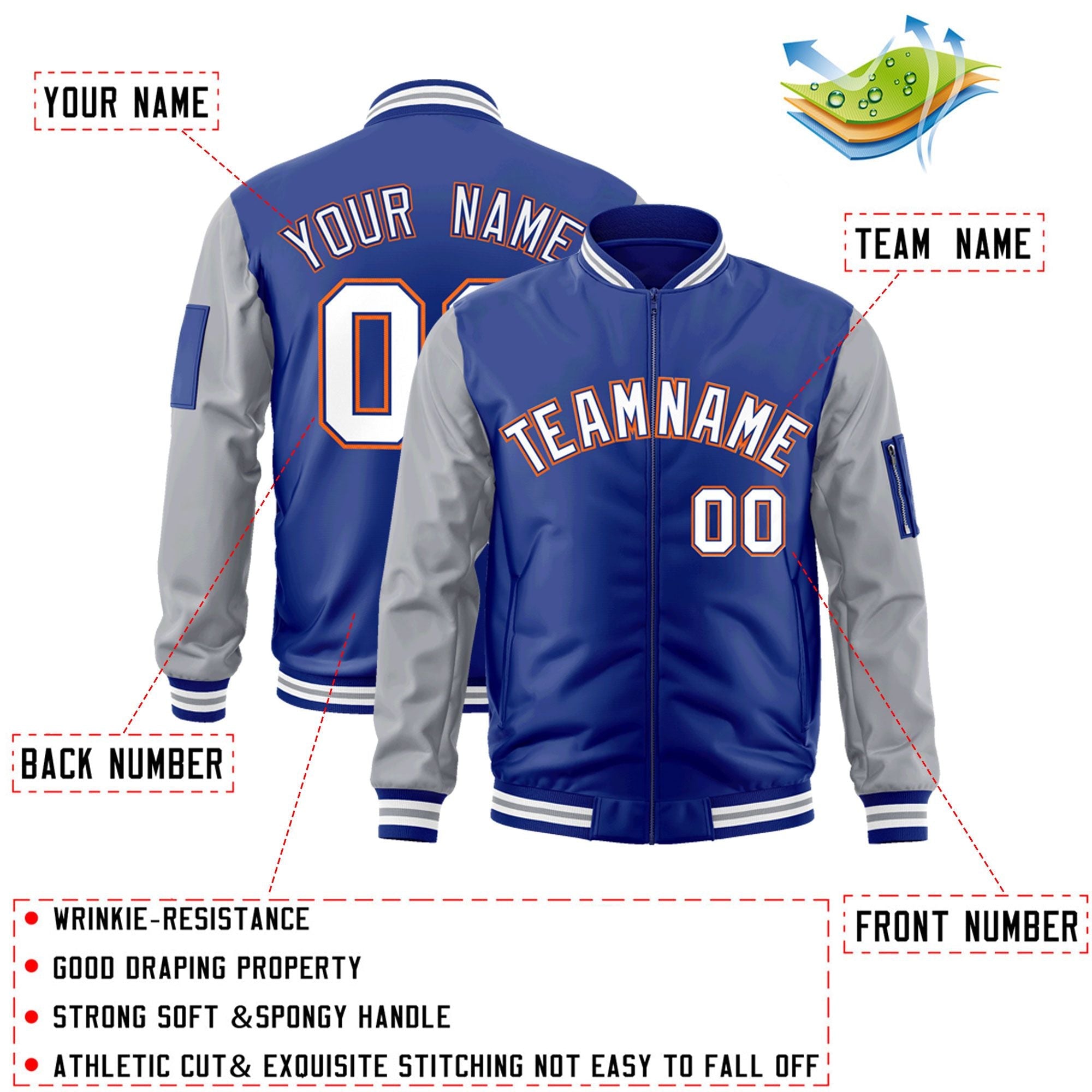 Custom Royal White-Gray Varsity Full-Zip Raglan Sleeves Letterman Bomber Jacket