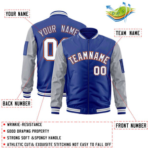 Custom Royal White-Gray Varsity Full-Zip Raglan Sleeves Letterman Bomber Jacket