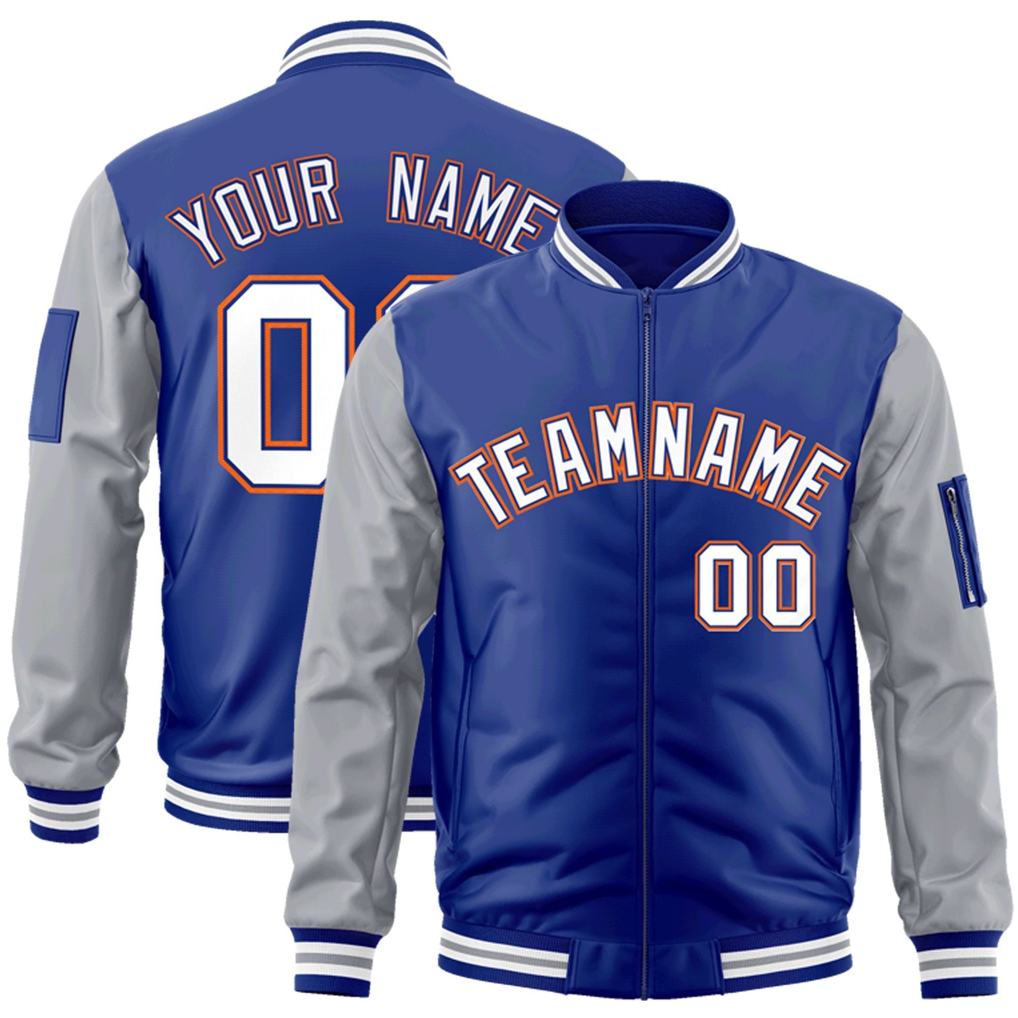 Custom Royal White-Gray Varsity Full-Zip Raglan Sleeves Letterman Bomber Jacket