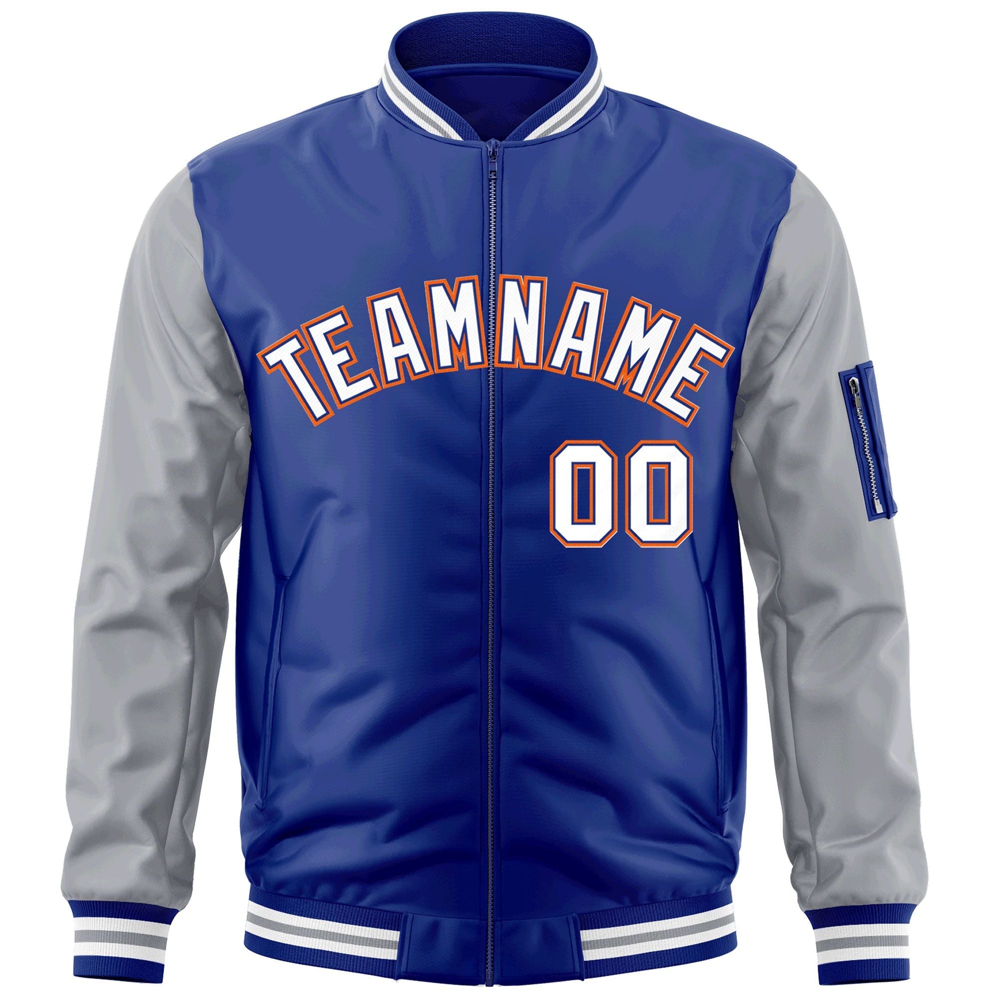 Custom Royal White-Gray Varsity Full-Zip Raglan Sleeves Letterman Bomber Jacket