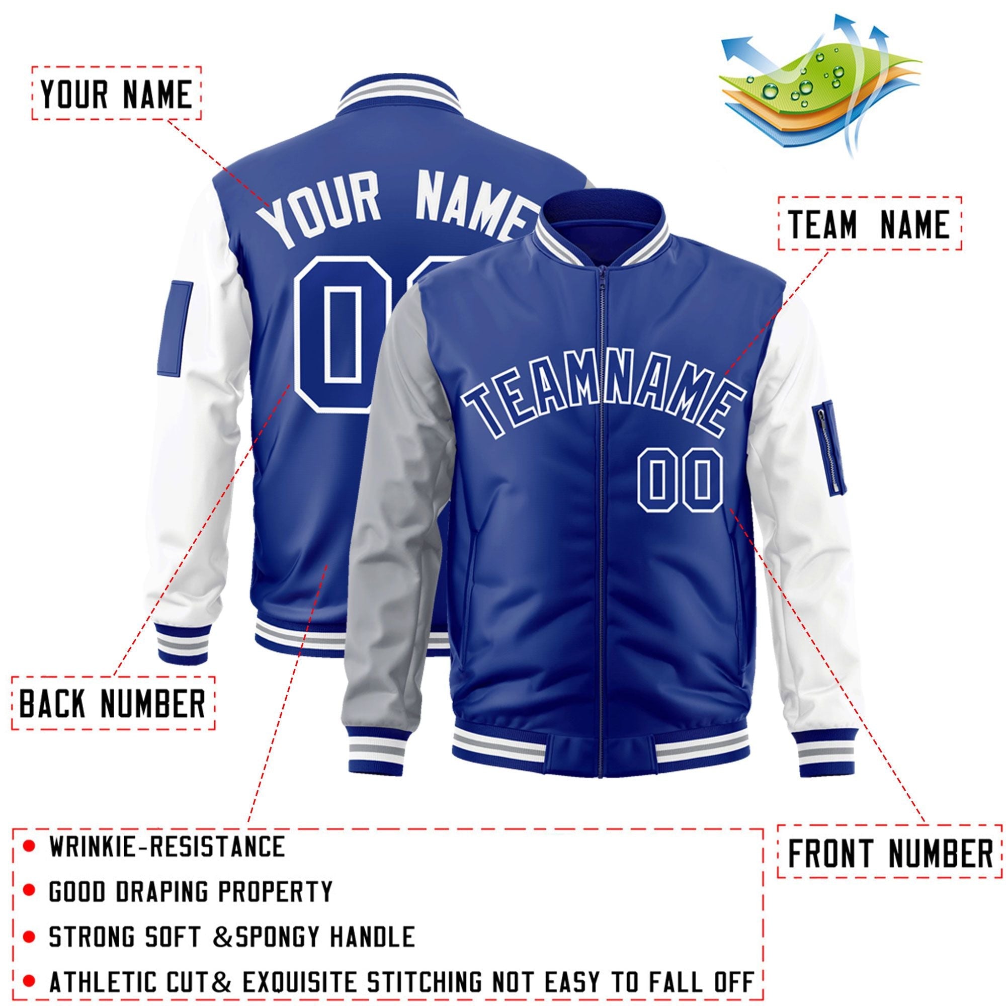 Custom Royal White-Gray Varsity Full-Zip Raglan Sleeves Letterman Bomber Jacket