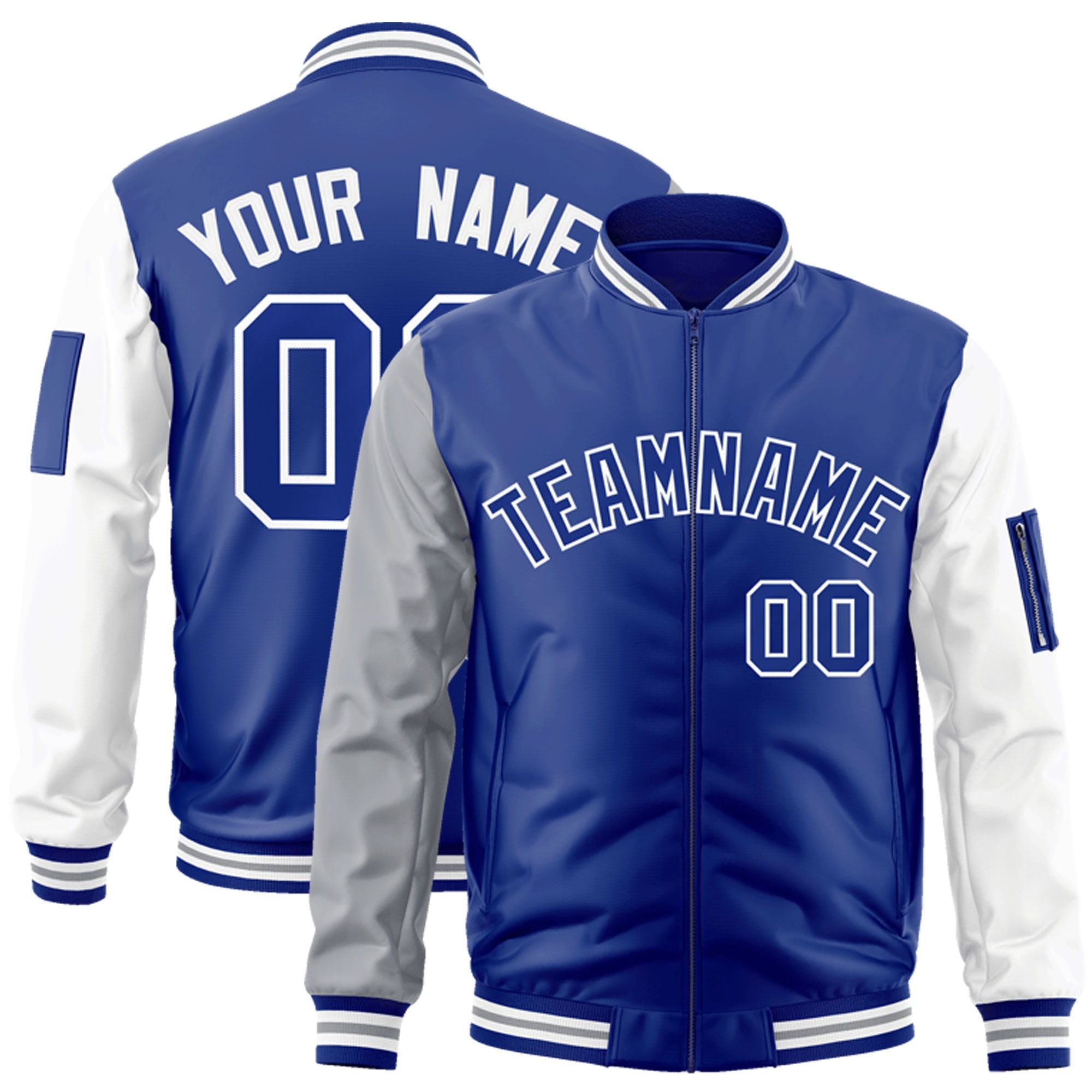 Custom Royal White-Gray Varsity Full-Zip Raglan Sleeves Letterman Bomber Jacket