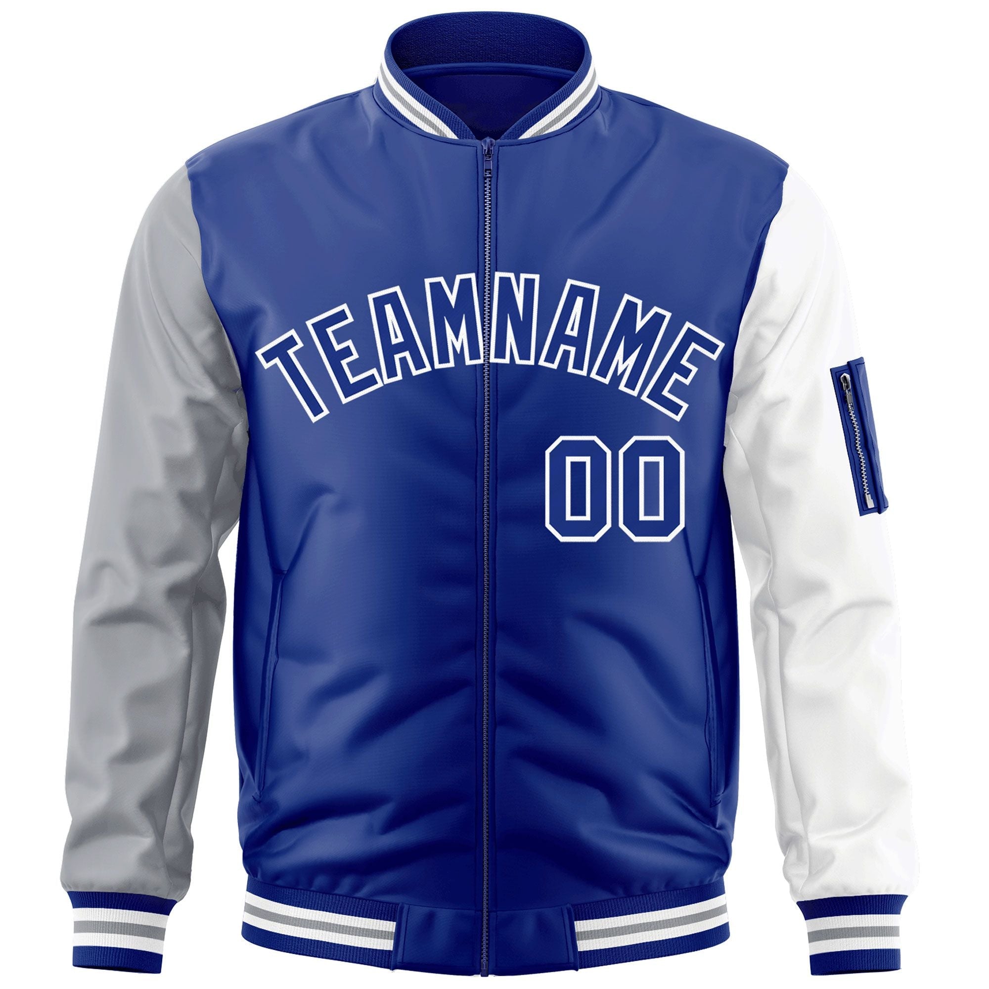 Custom Royal White-Gray Varsity Full-Zip Raglan Sleeves Letterman Bomber Jacket