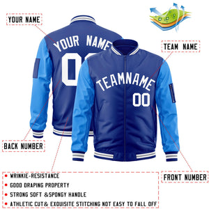 Custom Royal Powder Blue-White Varsity Full-Zip Raglan Sleeves Letterman Bomber Jacket