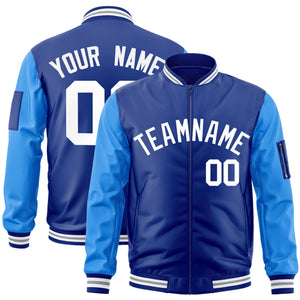 Custom Royal Powder Blue-White Varsity Full-Zip Raglan Sleeves Letterman Bomber Jacket