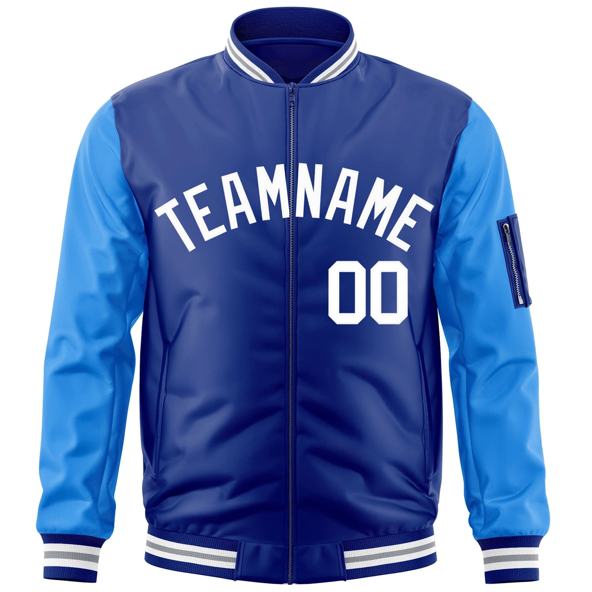 Custom Royal Powder Blue-White Varsity Full-Zip Raglan Sleeves Letterman Bomber Jacket