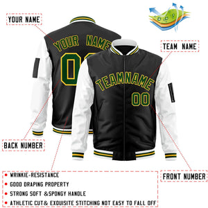 Custom Black White-Green Varsity Full-Zip Raglan Sleeves Letterman Bomber Jacket