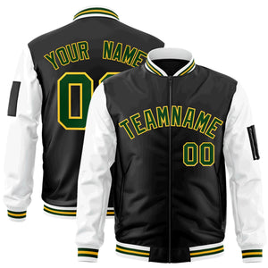 Custom Black White-Green Varsity Full-Zip Raglan Sleeves Letterman Bomber Jacket